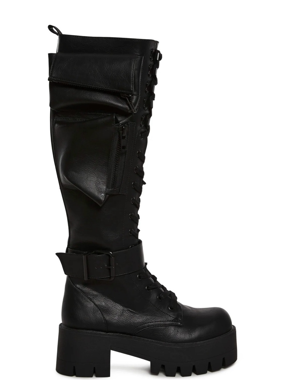 Dolls Kill Black Tall Lace-Up Combat Boots with Buckle Pocket